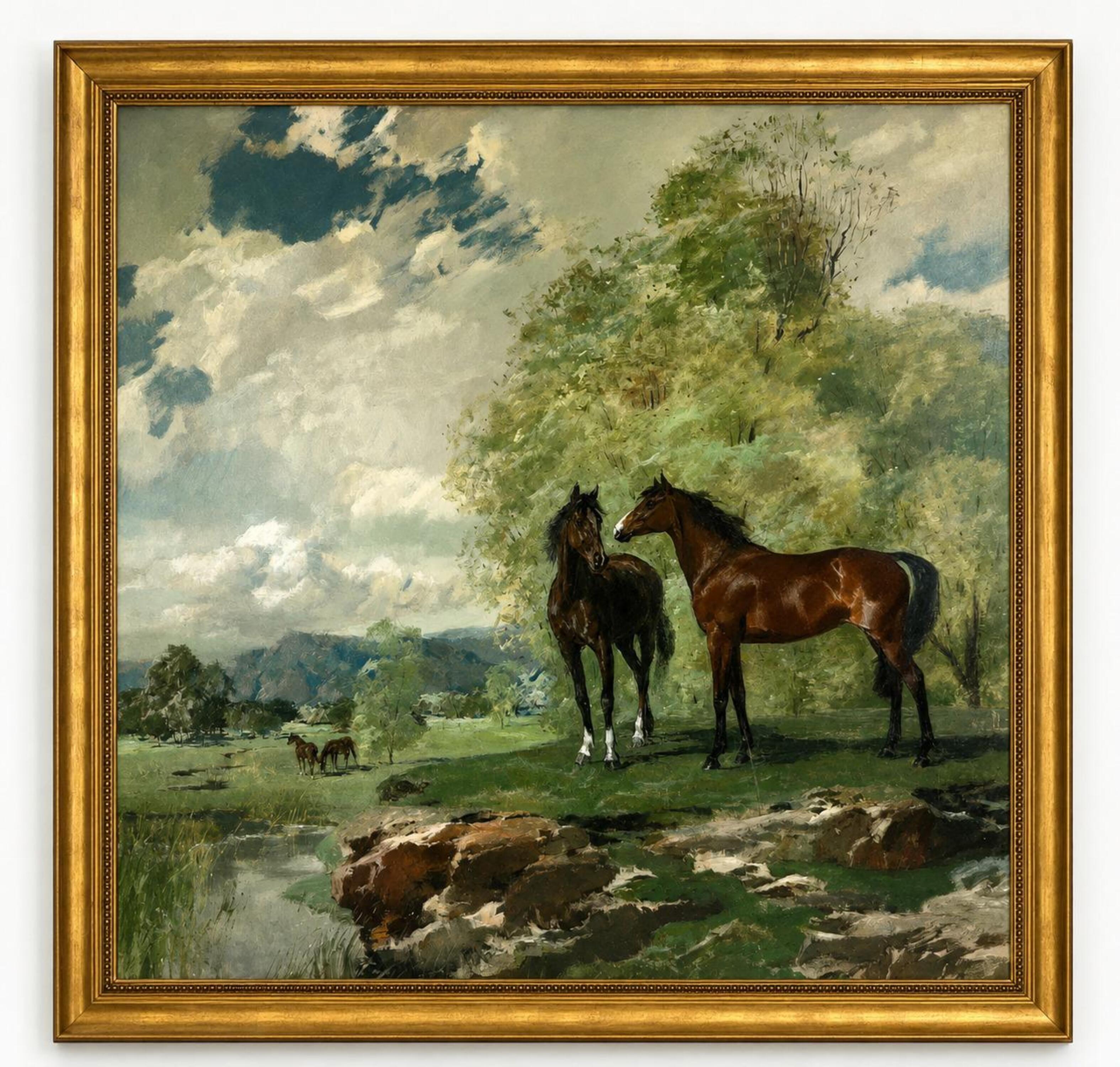 Horses in a Pastoral Landscape, Oil on Canvas by Ricard Arenys