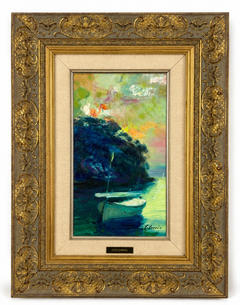 Mediterranean Cove with Moored Boat, Oil on Canvas by Daniel Codorniu