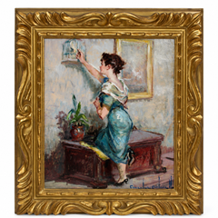 Young Woman with Birdcage, Oil on Board by Rosendo González Carbonell