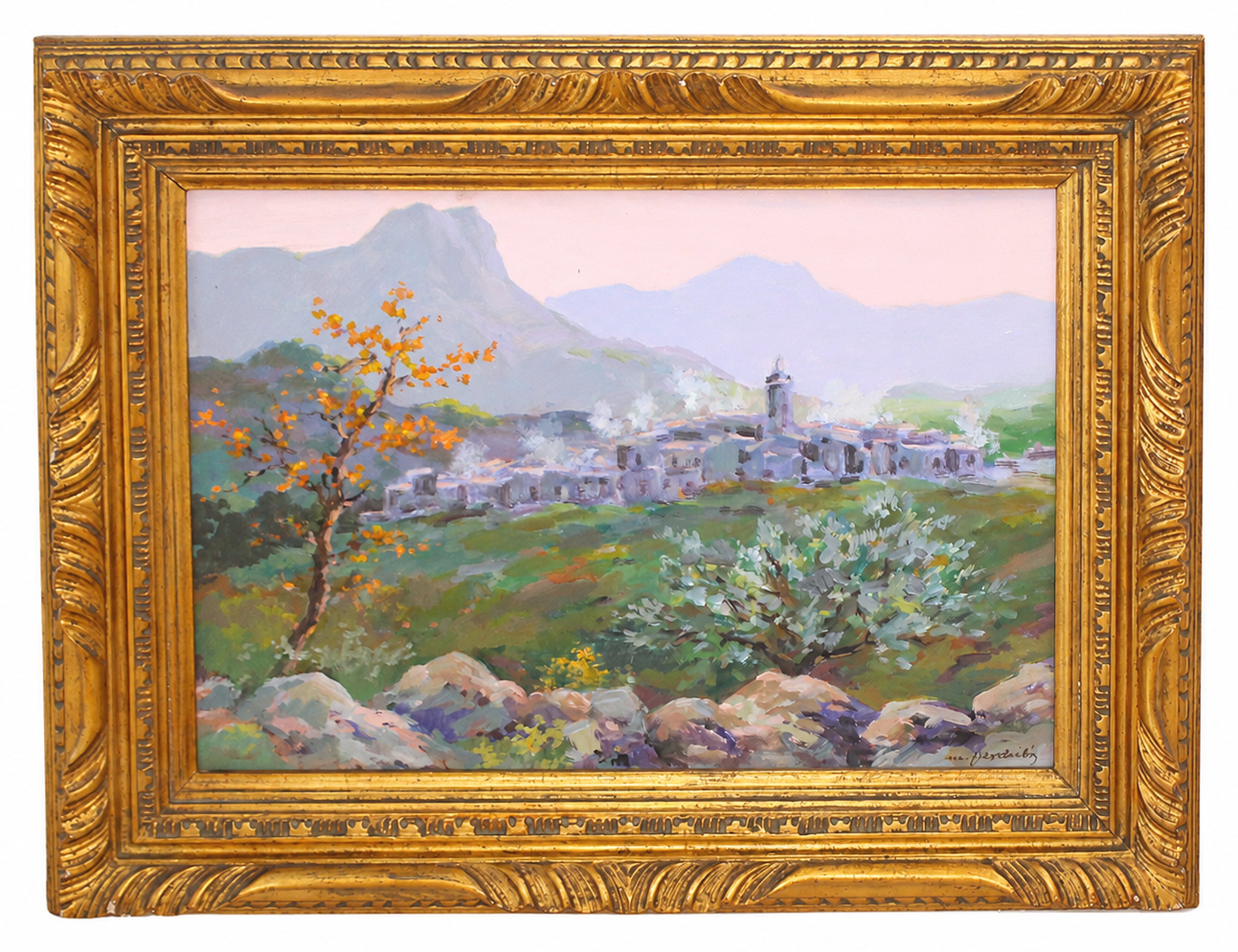 Paisaje con pueblo de fondo - Óleo sobre cartón - Firmado y enmarcado