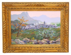 Paysage avec un village en arrière-plan - Huile sur carton - Signée et encadrée