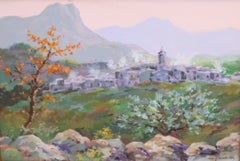 Paysage avec un village en arrière-plan - Huile sur carton - Signée et encadrée