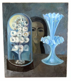 Interior con figura, fanal y violetero - Óleo sobre tela - Sin enmarcar