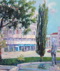 Plaza Bonavista de Manresa - Óleo tela - Firmado y enmarcado