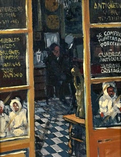 Ramón Lombarte Barcelona Antique Shop Interior Oil Painting, 1983
