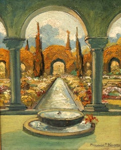 Jardín de los arcos - Olio su tavola - Firmato e incorniciato