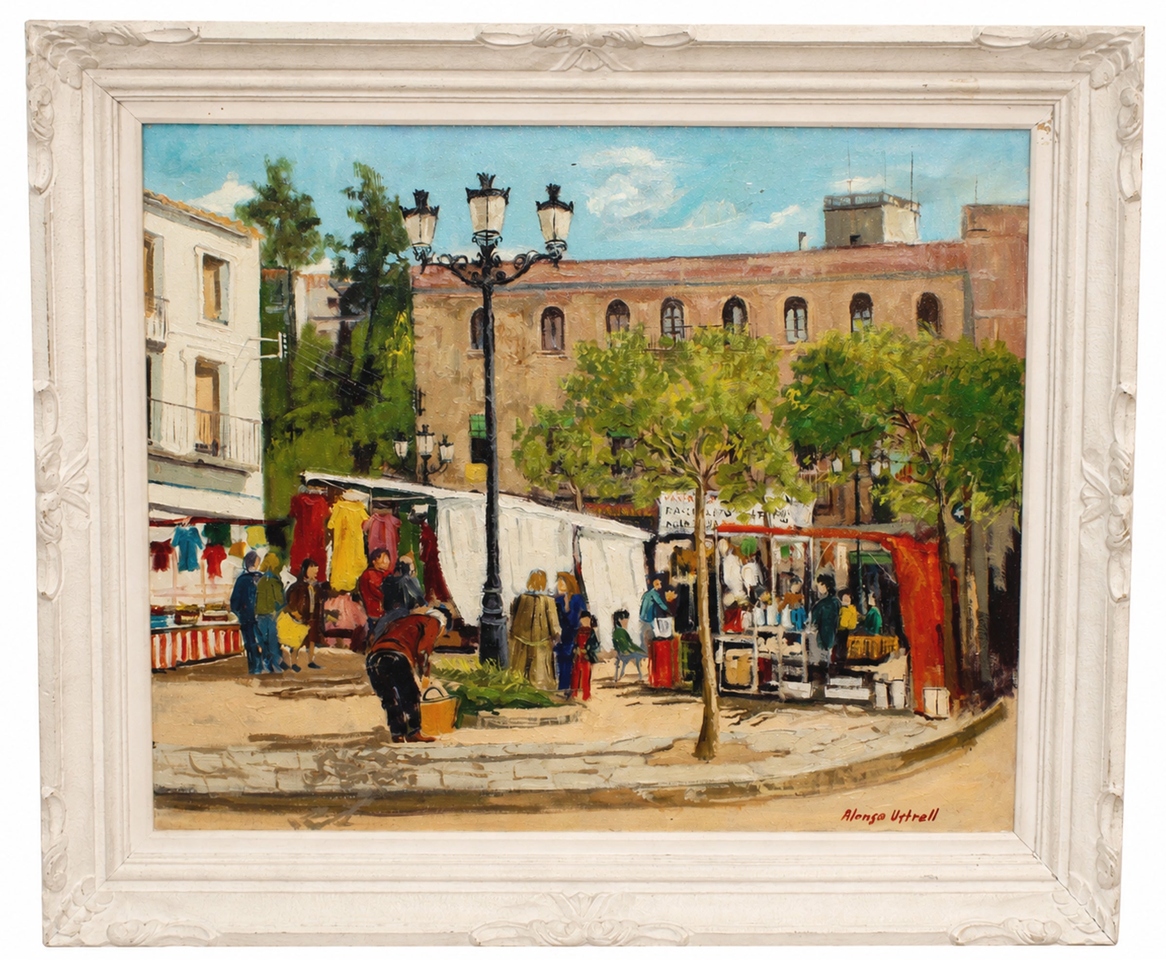 Alonso Ustrell Figurative Painting – Markttag – Öl auf Leinwand – Signiert und gerahmt