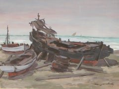 « Barcas en la orilla del mar » - Technique mixte sur papier - Signé et encadré
