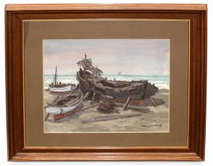 « Barcas en la orilla del mar » - Technique mixte sur papier - Signé et encadré