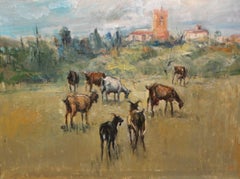Pastoreo junto al pueblo (siglo XX) - Óleo sobre tela - Enmarcado