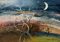 Jordi Andreu Fresquet Contemporary Mixed Media Landscape with Moon.