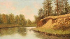 Paisaje fluvial con árboles - Óleo sobre tela - Firmado y enmarcado