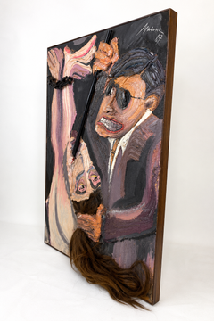 Kitsch Figurative Scene with Mixed-Media Elements, Oil on Board