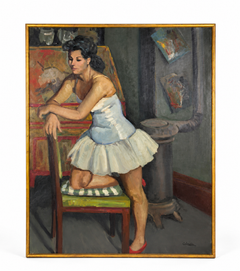 Calzada Ballerina in posa nello studio di un artista, grande dipinto figurativo a olio