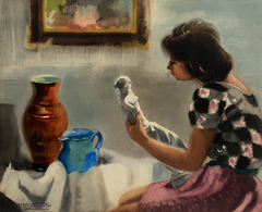 Joan Torrabadell, «Joven con escultura», acuarela figurativa