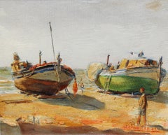 Barcas varadas en la playa - Óleo sobre tabla - Año 1948 - Enmarcado