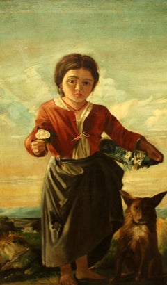 19th Century Portrait of a Girl with Dog and Flowers, Signed J. Escacena
