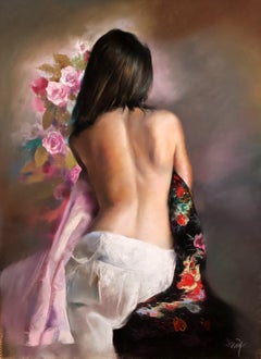 Elegancia entre rosas - Dibujo a pastel - Firmado y enmarcado