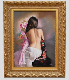 Elegancia entre rosas - Dibujo a pastel - Firmado y enmarcado