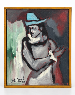 Jordi Sarrà – Pierrot con sombrero, 1983 – Óleo sobre lienzo – 28,5 × 23,5 cm