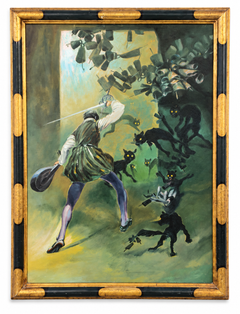 Don Quixote Fighting Black Cats – Large Spanish Oil Painting