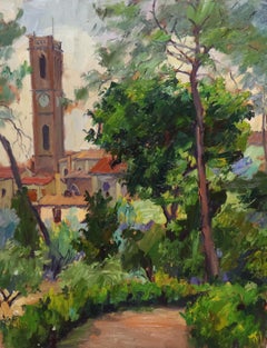 Campanario entre la arboleda - Óleo sobre tabla - Sin enmarcar
