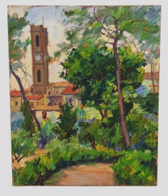 Campanario entre la arboleda - Óleo sobre tabla - Sin enmarcar