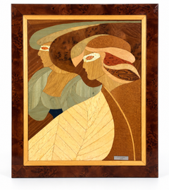 E. Alsina – Masked Figures – Wood Marquetry and Eggshell Panel