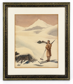 Ceferino Olivé Cabré – Military Skier in Snow – Gouache on Paper