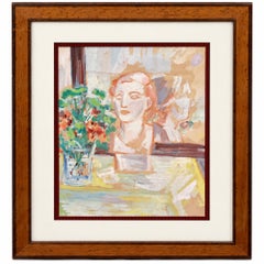 Composición con busto y flores - Gouache sobre cartón - Firmado y enmarcado