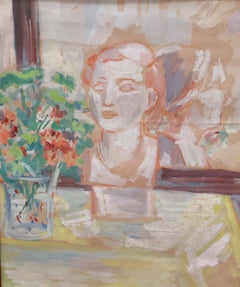 Composición con busto y flores - Gouache sobre cartón - Firmado y enmarcado