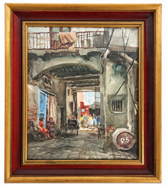 Ceferino Olivé – Personnages dans une rue de village, 1953 – Aquarelle