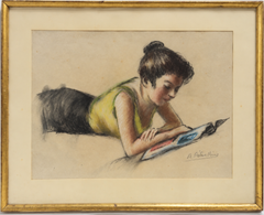 Ramón Ribas Rius – Young Woman Reading – Mixed Media on Paper