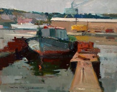 Barca amarrada en el muelle - Óleo sobre tela - Año 1974 - Sin enmarcar