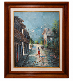 Antonio de la Peña – Village Street with Figures – Oil on Canvas