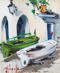 Des barques devant le portail - Huile sur toile - Signée et encadrée