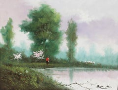 Paysage avec un troupeau au bord de la rivière - Huile sur toile - Signée et encadrée