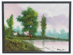 Paysage avec un troupeau au bord de la rivière - Huile sur toile - Signée et encadrée
