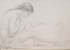 Femme dans une posture pensive - Dessin au crayon gras - Signé et encadré