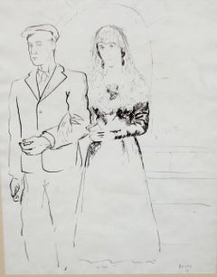 Elegante coppia di sposi - Disegno a inchiostro - Anno 1933 - Firmato e incorniciato