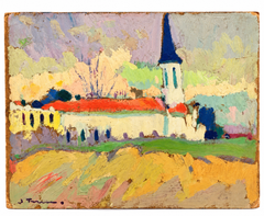 Jaume Ferran i Clua – Paesaggio di un villaggio colorato – Olio su tavola