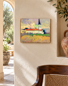 Jaume Ferran i Clua – Paesaggio di un villaggio colorato – Olio su tavola