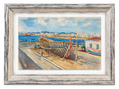Gabriel Amat – Hafen von Blanes mit einem im Bau befindlichen Boot – Aquarell