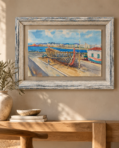 Gabriel Amat – Hafen von Blanes mit einem im Bau befindlichen Boot – Aquarell