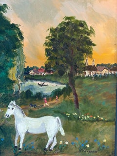 Vintage Öl auf Leinwand Kunstwerk, signiert 20. Jahrhundert, naive Dorfszene. Gerahmt