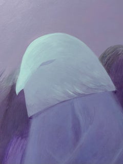 Pittura astratta contemporanea di paesaggio su tela con figura onirica