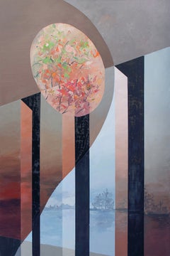 Contemporary Abstract Architectural Landscape Oil on Canvas in Pastel Colors