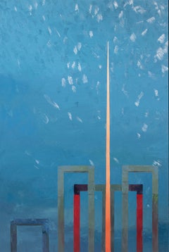 Zeitgenössisches abstraktes Gemälde mit geometrischen Motiven in Blau und Rot