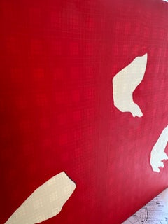 Bright Scarlet Red and white Abstract Oil Painting on Patterned Cotton Fabric
