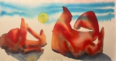 Abstract Watercolor Painting, Expressive Red Forms, Contemporary Modern Art